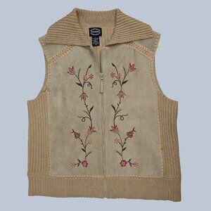 Vintage 70s 80s Embroidered Leather Vest Western Boho Tan Size L Festival